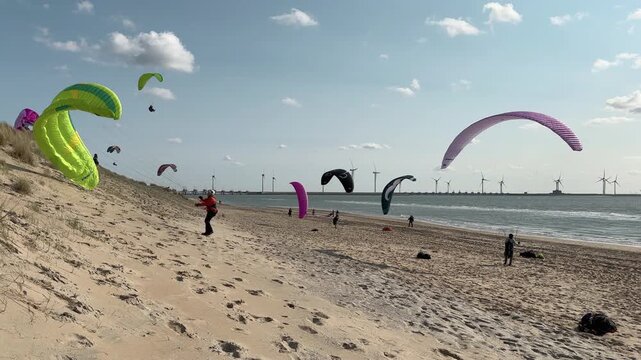 Wide shot of multiple paragliders with colorful wings soaring in blue sky above sandy beach with wind turbines and coastal infrastructure visible in background.