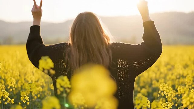 Woman making a peace sign, arms raised, in a sun-kissed field of yellow flowers. Embracing freedom, happiness, and the beauty of nature during golden hour