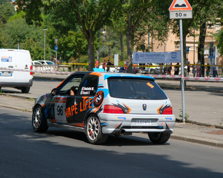 Salsomaggiore Terma Parma, Italy : 2025 08 03 Peugeot 106 Rallye car with man. High quality photo