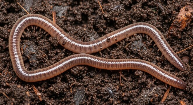 Closeup of brown earthworm on soil.