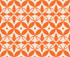 Fototapeta premium Seamless vector pattern with orange geometric floral shapes. Minimalist repeatable background with abstract symmetrical petals on cream for modern textile, wallpaper, and packaging design.