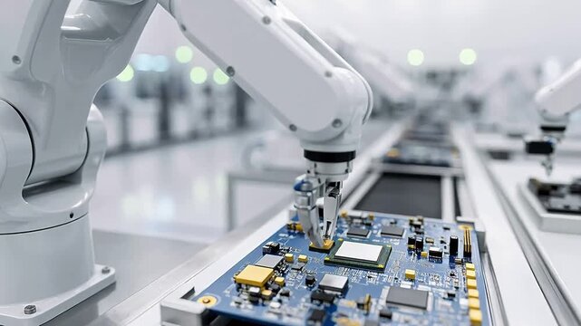 Industrial robotics manufacturing facility showing pristine white automated robotic arms assembling complex microprocessor boards in a lab.