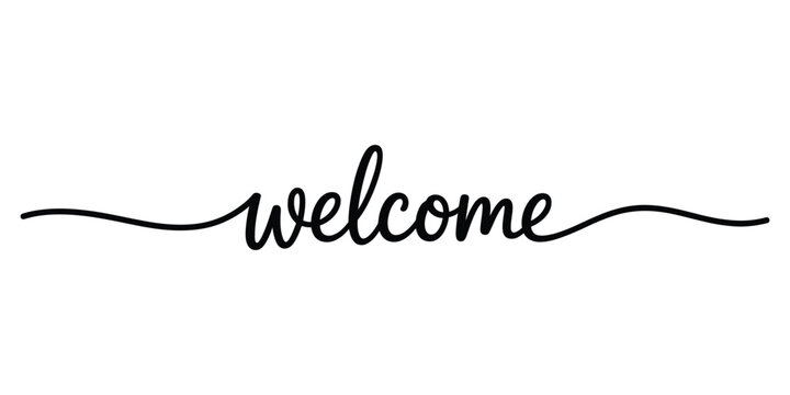 Elegant black cursive calligraphy lettering of the word welcome with decorative flowing lines