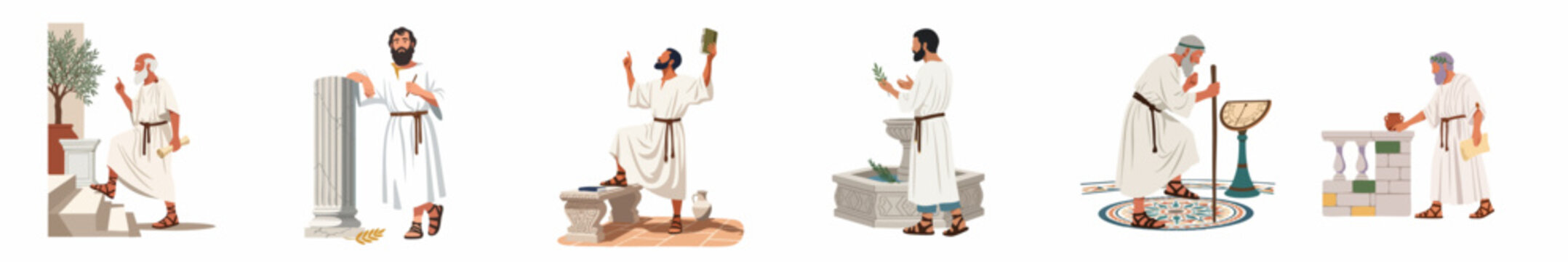 Set of Ancient Greek or Roman Philosophers and Scholars in Classical Attire Engaged in Intellectual Pursuits and Scientific Observation