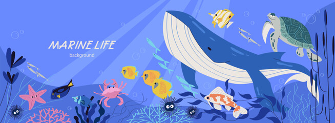 Underwater marine life scene with whale, turtle, tropical fish, crab, starfish and coral reef. Colorful ocean animals swimming in sea background © hrytsai.art