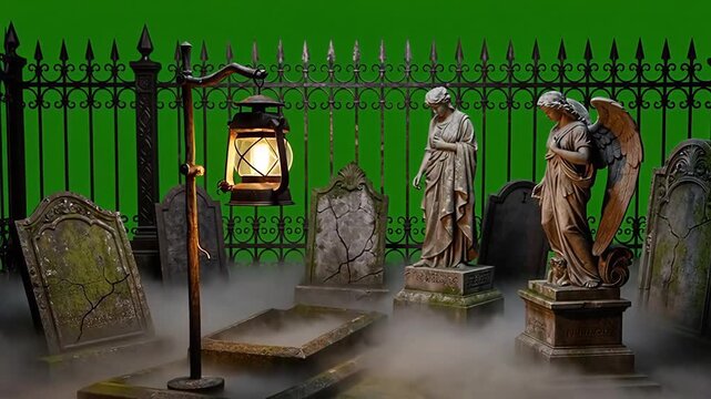 Spooky Graveyard Scene with Fog and Lantern on Green Screen for Halloween.