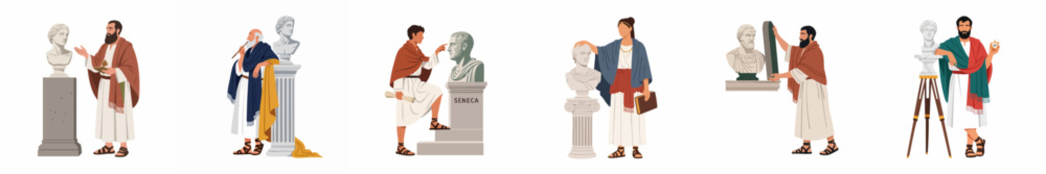 Collection of illustrations depicting ancient Greek and Roman scholars and philosophers interacting with classical marble busts and statues.