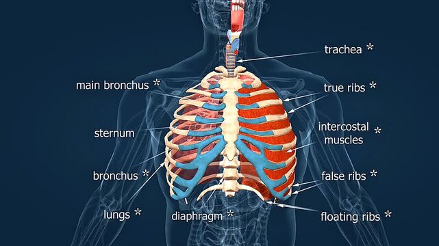 3D animation showing human chest breathing process with thoracic expansion and lung ventilation.
