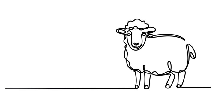 A continuous single line drawing of a fluffy sheep standing peacefully in a simple artistic style