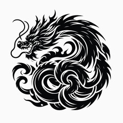 Fototapeta premium A stylized black and white vector illustration of a dragon's head with flowing mane and tail, designed as a graphic icon set against a clean white background.