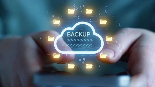 Cloud backup process on a mobile phone showing data transfer and storage activity with folders and binary code.