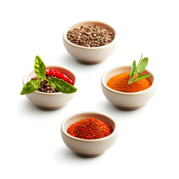 Symbolbild f&uuml;r verschiedene Gew&uuml;rze, freigestellt vor wei&szlig;em Hintergrund, Generative AI