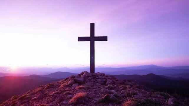 Summit Cross At Sunrise Mountain. Time-lapse Cathodic Religion Symbol. Christian Wooden Cross Crucifixion Of Jesus Christ. Cross On Top Mountain At Sunset. Christianity Religion Prayer. Crucifix Symbo