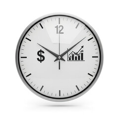 A clock face with a dollar sign and a graph showing growth and financial progress in white background.