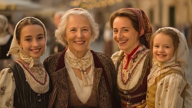 Smiling multi-generational women and girls dressed in traditional clothing, captured outdoors in warm evening light. Family, heritage, and joyful cultural celebration in a vintage atmosphere