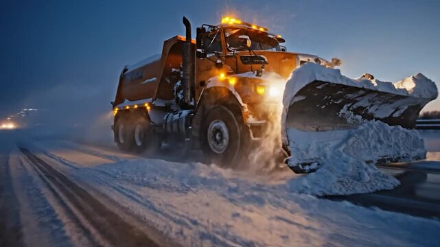 Heavy duty snowplow clearing winter road at night with bright lights and flying snow