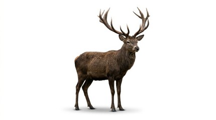 Obraz premium Majestic stag with large antlers standing proudly against a clean white background, captured in a studio shot with natural lighting.