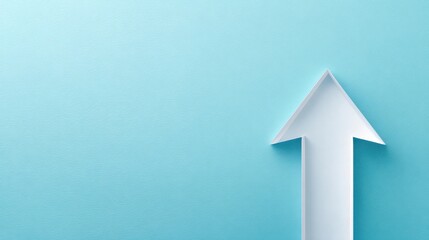 White paper arrow pointing upward on pastel blue background with copy space