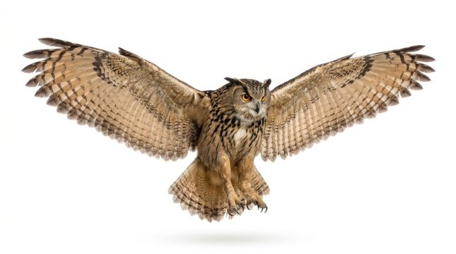 A majestic eurasian eagle owl with outstretched wings in mid-flight, captured in a dynamic studio shot with a clean white background and a sense of powerful motion.