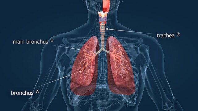 3D animation showing human lungs during breathing with expansion, airflow, and gas exchange.