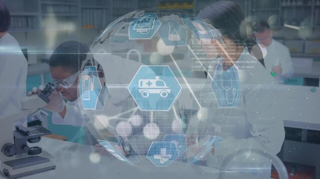 Animation of icons and data processing over diverse scientists in laboratory