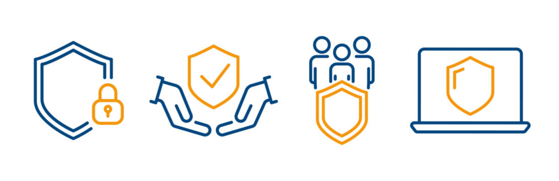 Safety icons, shield with lock, people safety, insurance concept, data protection, outline set icon for website