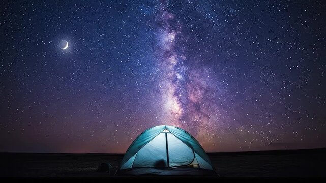 Tent Under the Majestic Milky Way Galaxy and Crescent Moon.
