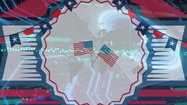 Animation of financial graphs over flags of usa and decoration in usa colours