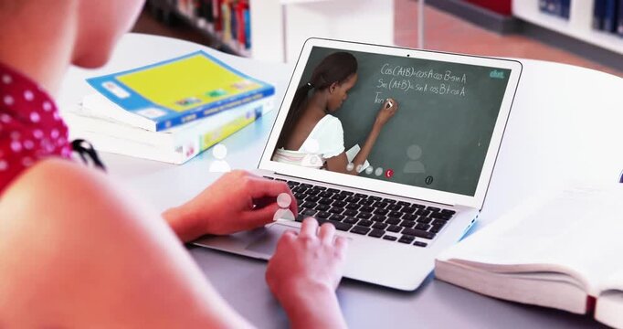 Multiple profile icons floating over caucasian girl having a videocall on laptop at school