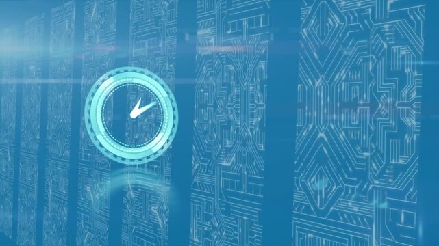 Animation of clock moving fast over computer servers