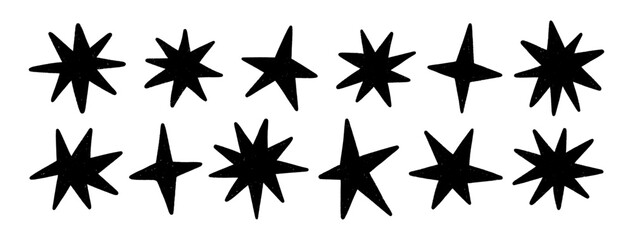 Crayon hand drawn stars, twinkle magic symbols. Shine, spark, or light elements. Silhouette sketches of sparkle icons on a transparent background. Doodle black glitter sparks, vector illustration © Vodoleyka