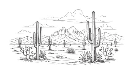 Desert landscape with saguaro cacti and mountains under cloudy sky cactus © Moen