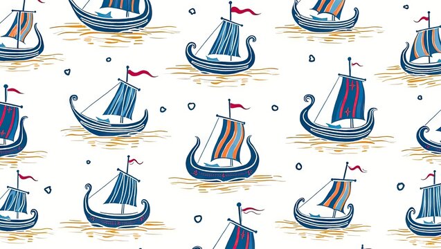 Whimsical pattern featuring stylized Viking longboats with blue hulls, striped sails, and red flags, on a white background.