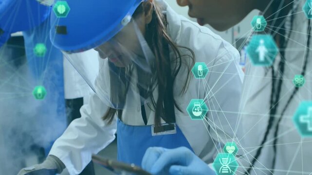 In school, scientists in lab coats using animation and digital data overlay