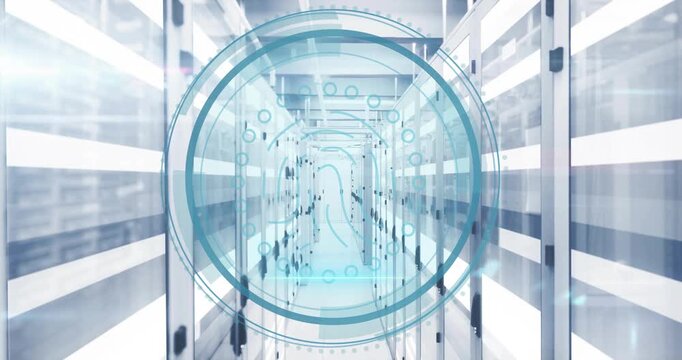 Animation of biometric fingerprint icon and digital data processing over computer servers
