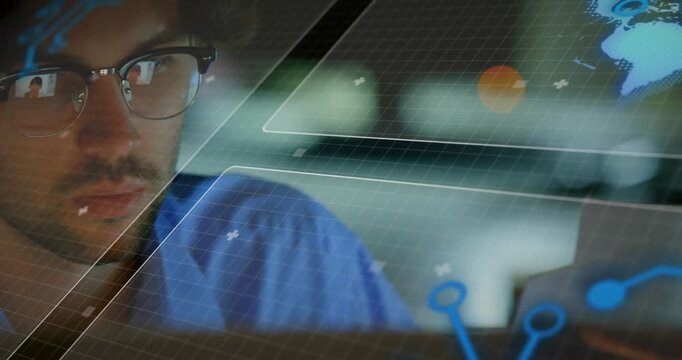Man leaning on hand, analyzing cybersecurity data with grid panels, plus symbols, node graph icons