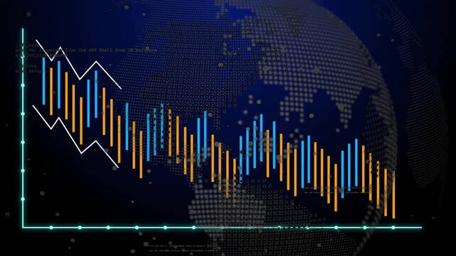 Scene opening launching bar chart growing, shifting and sliding under rotating globe showing trend