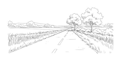 Of a country road winding through grassy fields and trees landscape © Moen