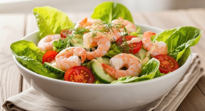A white bowl filled with a shrimp salad sits on a wooden table. The salad contains fresh lettuce, sliced cucumbers, cherry tomatoes, and cooked shrimp.