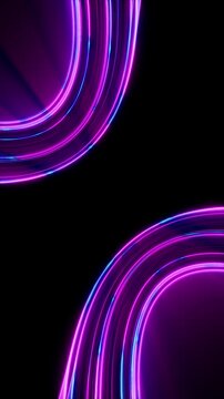 Vertical 3D abstract neon glow lines curve cyber background copyspace wallpaper endless loop animation poster branding template banner header cover mockup, purple magenta blue dark black