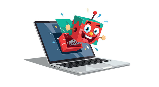 Cartoon robot emerging from an open laptop on a white background with colorful sparks.