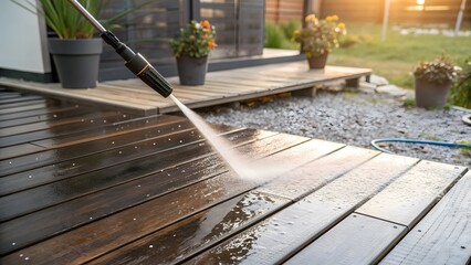 Obraz premium Power washing a wooden deck on a residential property