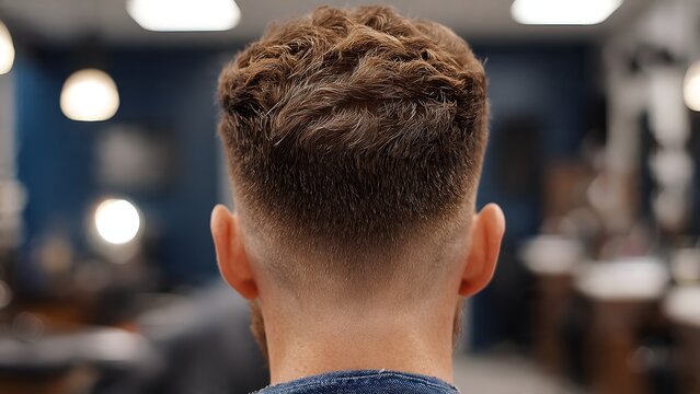 back view of a male haircut with burst fade style, rounded fade around the ears and neckline, textured short hair on top
