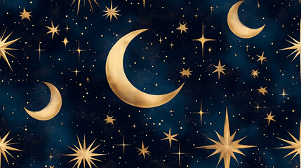 Ukrainian Cossack folk star and moon geometric pattern, modern minimalist night sky ornament, deep navy blue and gold seamless wallpaper, contemporary luxury design