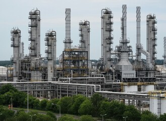 Modern industrial oil refinery complex with tall structures