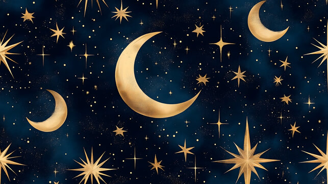 Ukrainian Cossack folk star and moon geometric pattern, modern minimalist night sky ornament, deep navy blue and gold seamless wallpaper, contemporary luxury design