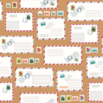 Vintage airmail letters and colorful postage stamps on a brown background