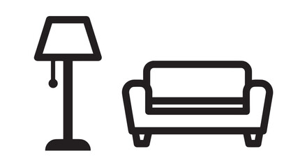 Simple black and white vector graphic illustration of a cozy armchair beside a modern floor lamp