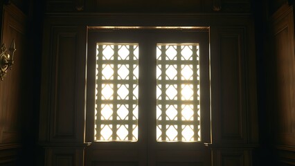 confessional. A vintage wooden confessional booth with light filtering through its lattice grill. event programs, museum guides, designed for cultural heritage projects and event programs.