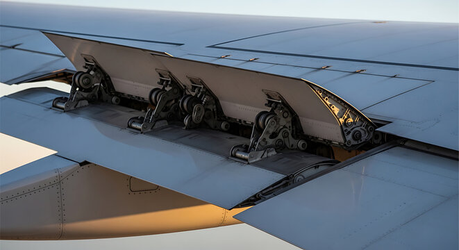 Close Up of Airplane Wing Spoilers and Flaps Deployed During Landing Aviation Aircraft Wing Mechanism Detail